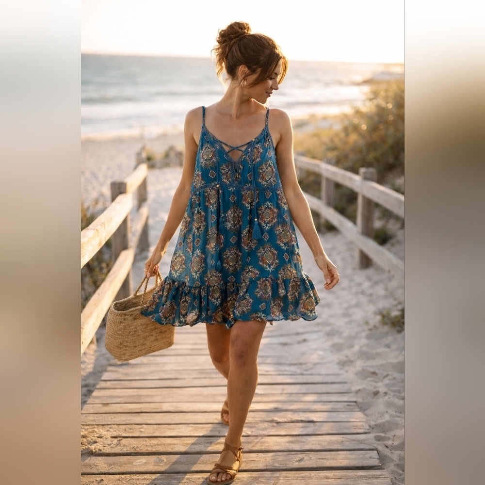 Coco + Jaimeson Teal Boho Print Tassel Mini Dress Size M Festival Cottagecore